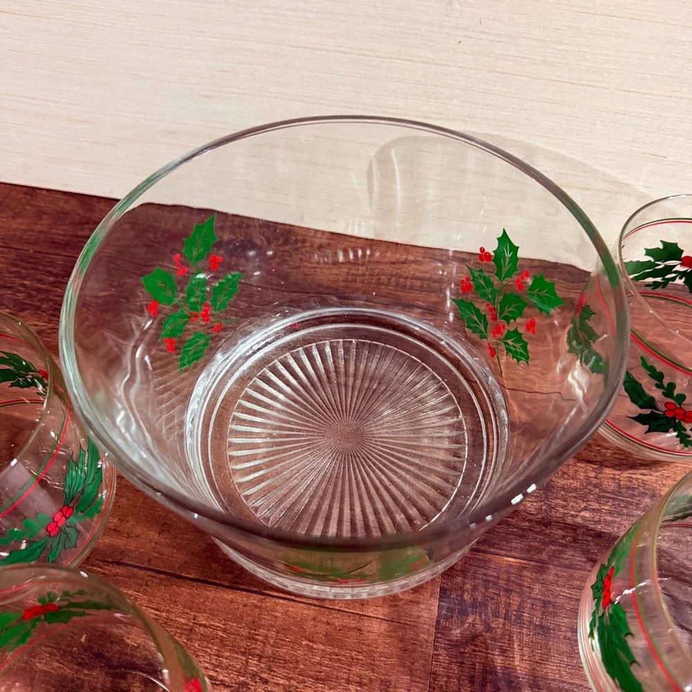 VTG Indiana Glass Christmas Holly Berry Hostess Set 5 Piece Christmas Barware